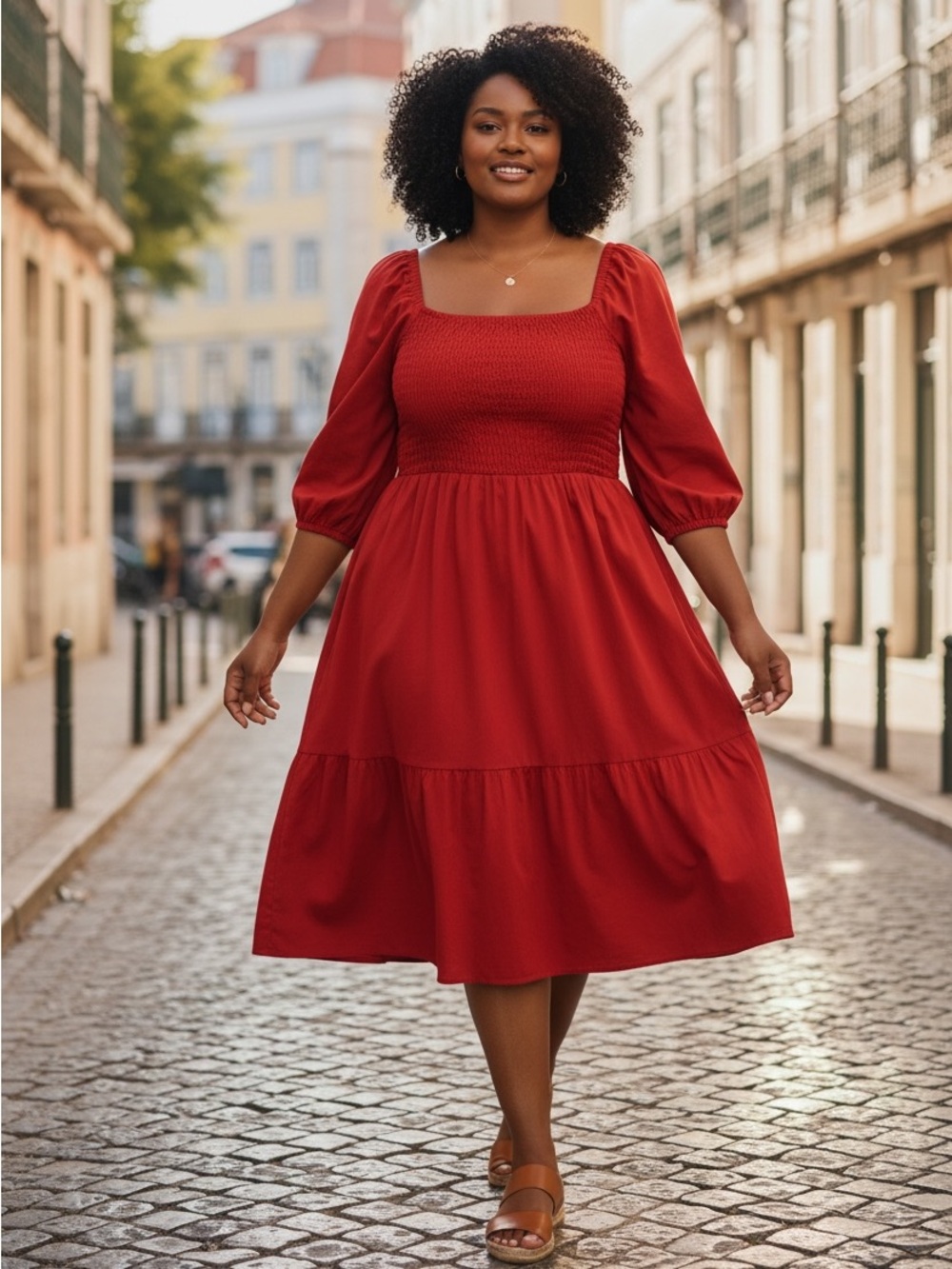 Ingrid & Isabel Red Smocked Square-Neck Midi Dress